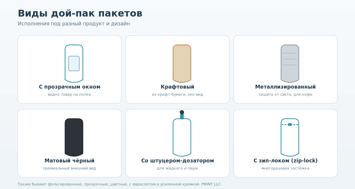 Виды дой-пак пакетов: с окном, крафтовый, металлизированный, матовый чёрный, со штуцером, с зип-локом