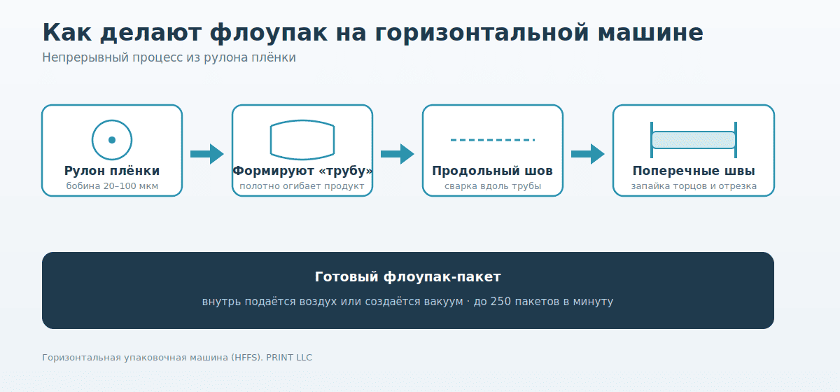 Как делают флоупак: бобина плёнки, формирование трубы, продольный и поперечные швы